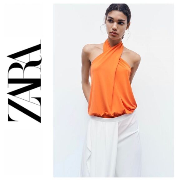 NWOT Zara Bright Orange Draped Crossover Halter Neck Top Bodysuit, Size Small - Picture 1 of 14